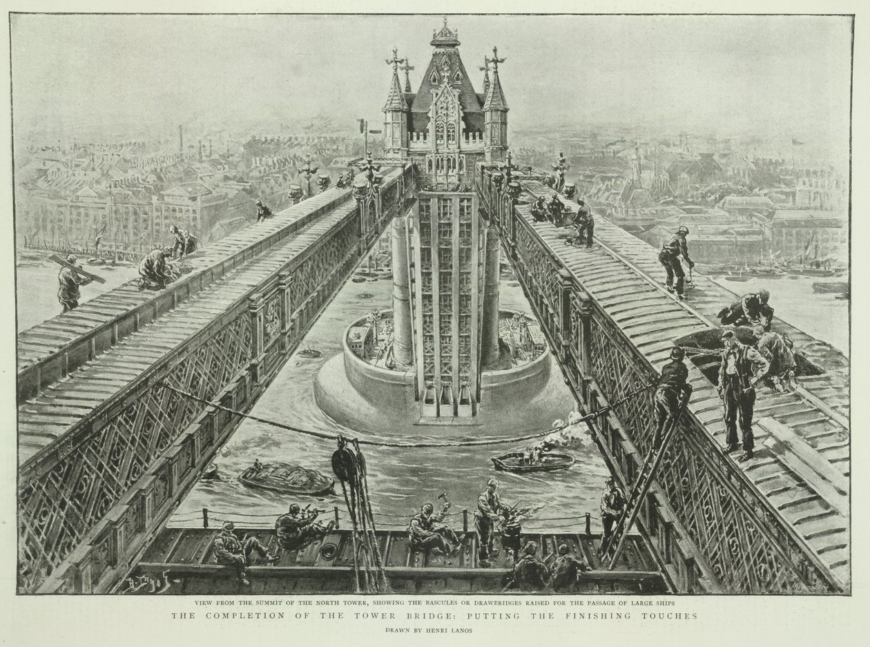 A conclusão da Tower Bridge: dando os retoques finais, de The Graphic, 23 de junho de 1894 (gravura) de Henri Lanos