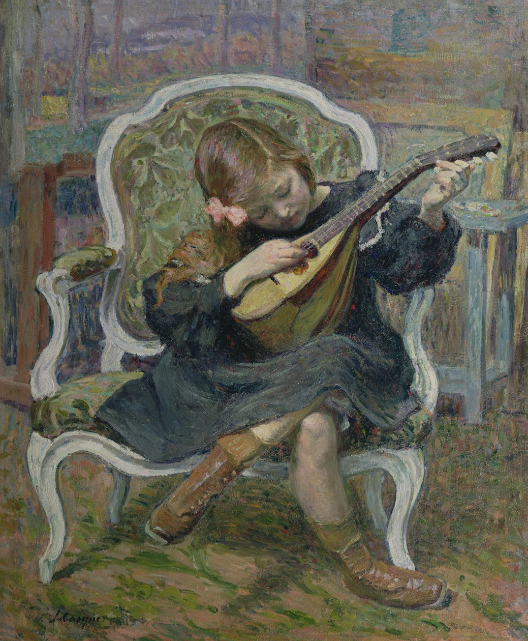 Menina, tocando, um, bandolim de Henri Lebasque