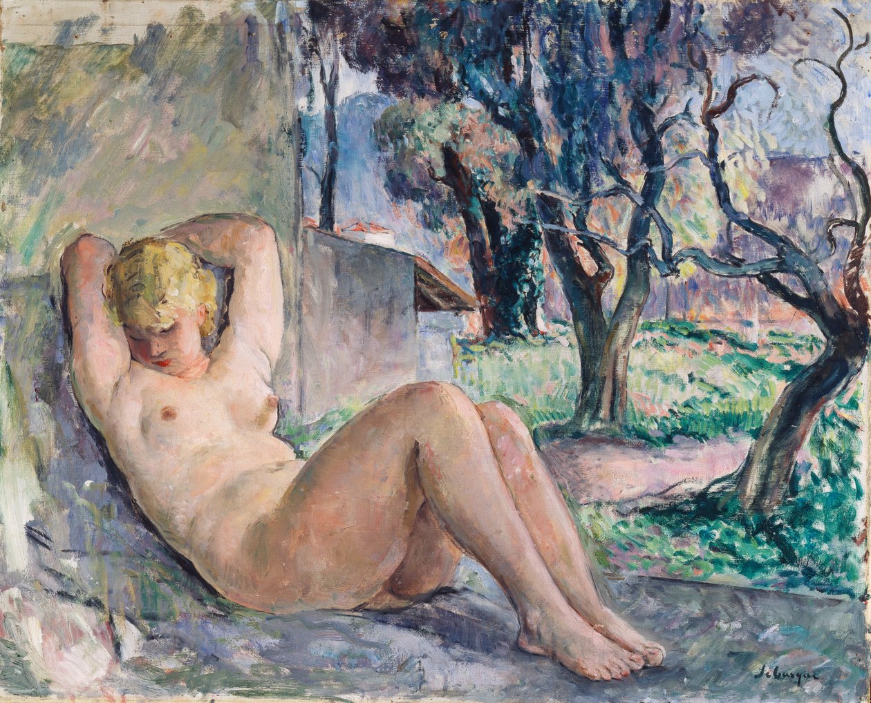 Nu, mentindo, jardim, c.1934 de Henri Lebasque
