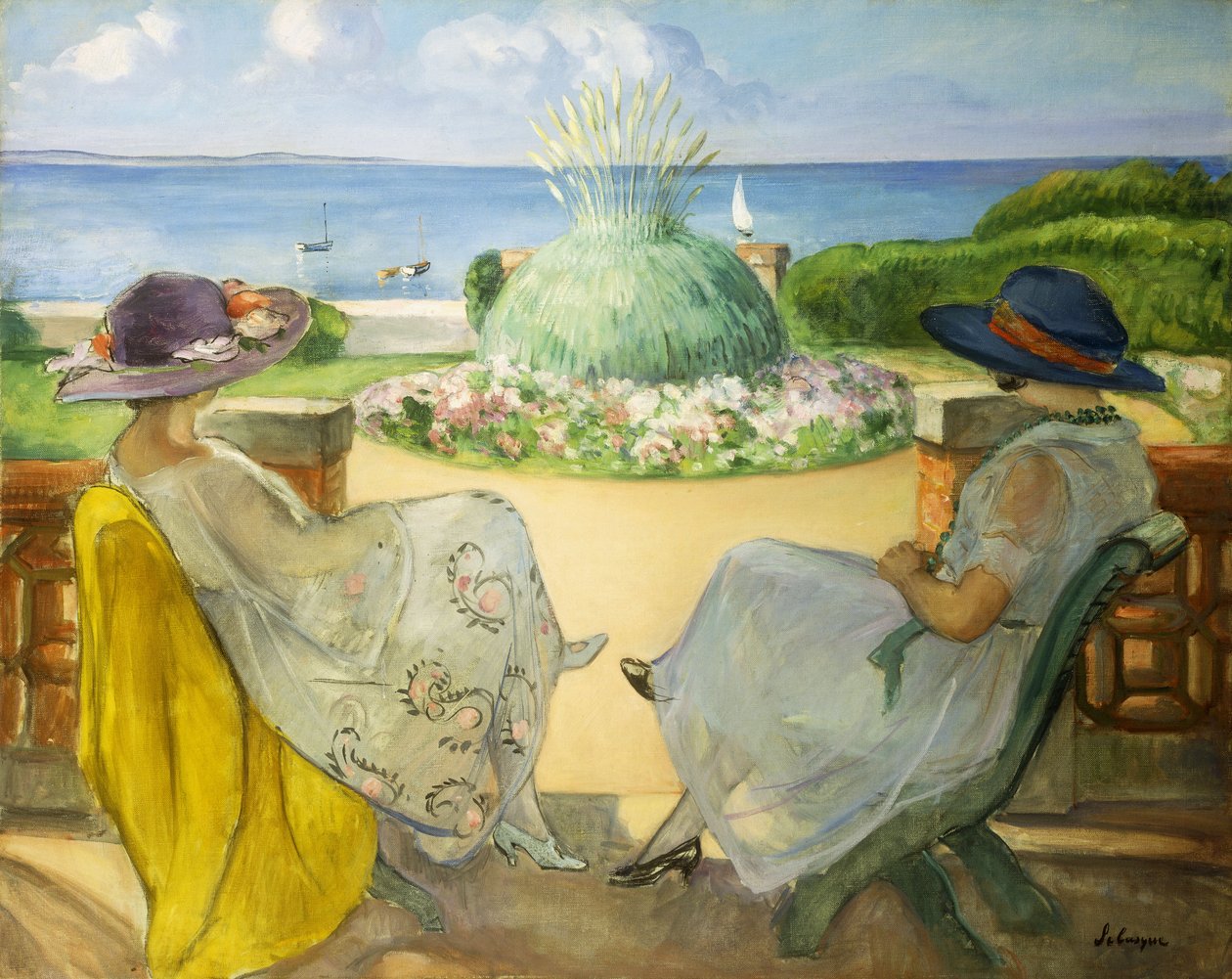 Duas mulheres jovens em um terraço à beira-mar; Duas meninas em um terraço de frente para o mar, 1922 de Henri Lebasque