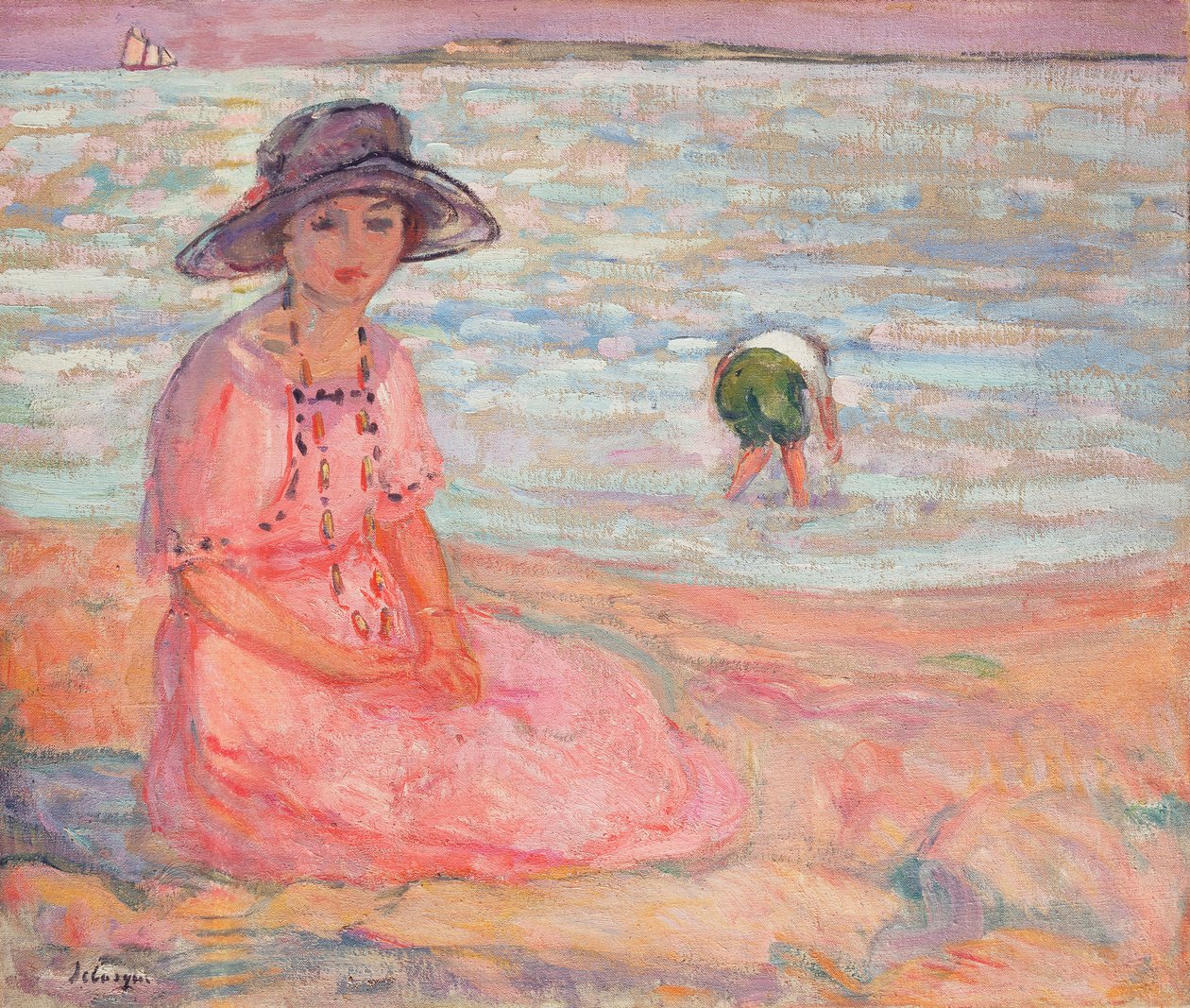 Mulher de vestido rosa à beira-mar; Mulher em um vestido rosa à beira-mar, c.1920 de Henri Lebasque