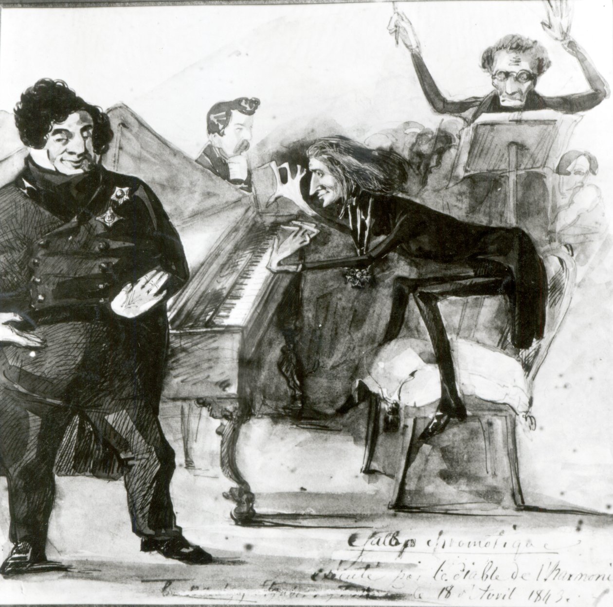 Caricatura Galop Cromática de Luigi Lablache, Franz Liszt (1811-1886) ao piano e Francois Habeneck de Henri Lehmann