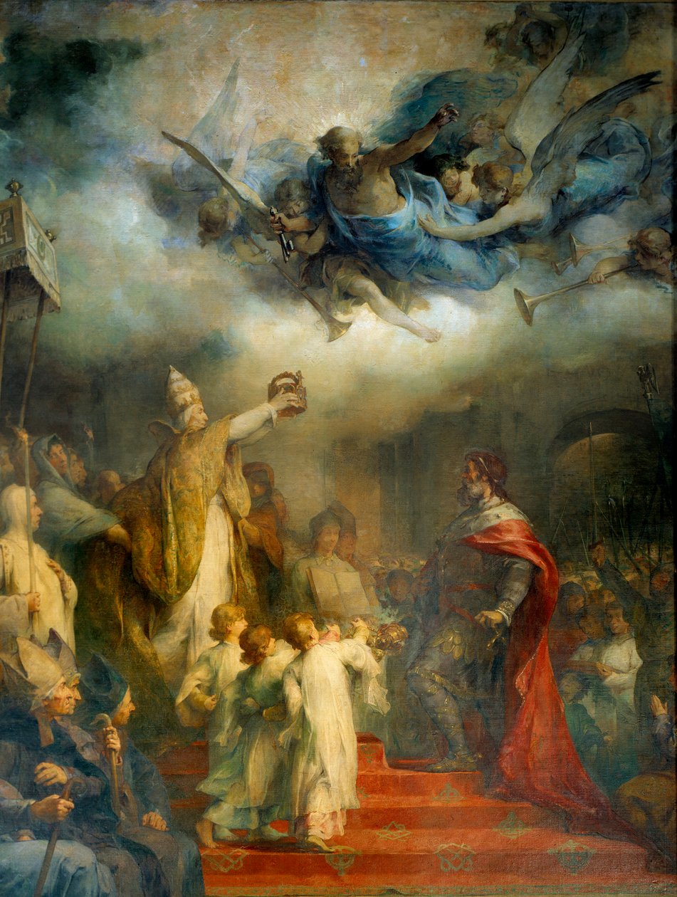 O Papa Leão III coroa Carlos Magno imperador do Ocidente em São Pedro de Roma no ano oitocentos no dia de Natal. Pintura de Henry Leopold Levy (1840-1904) de Henri Leopold Levy