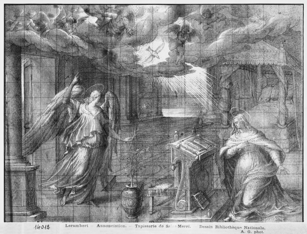 Vida de Cristo, Anunciação, estudo preparatório de desenhos animados de tapeçaria para a Igreja Saint-Merri em Paris, c.1585-90 (Pierre Noire und Wash und White destaca no papel) de Henri Lerambert