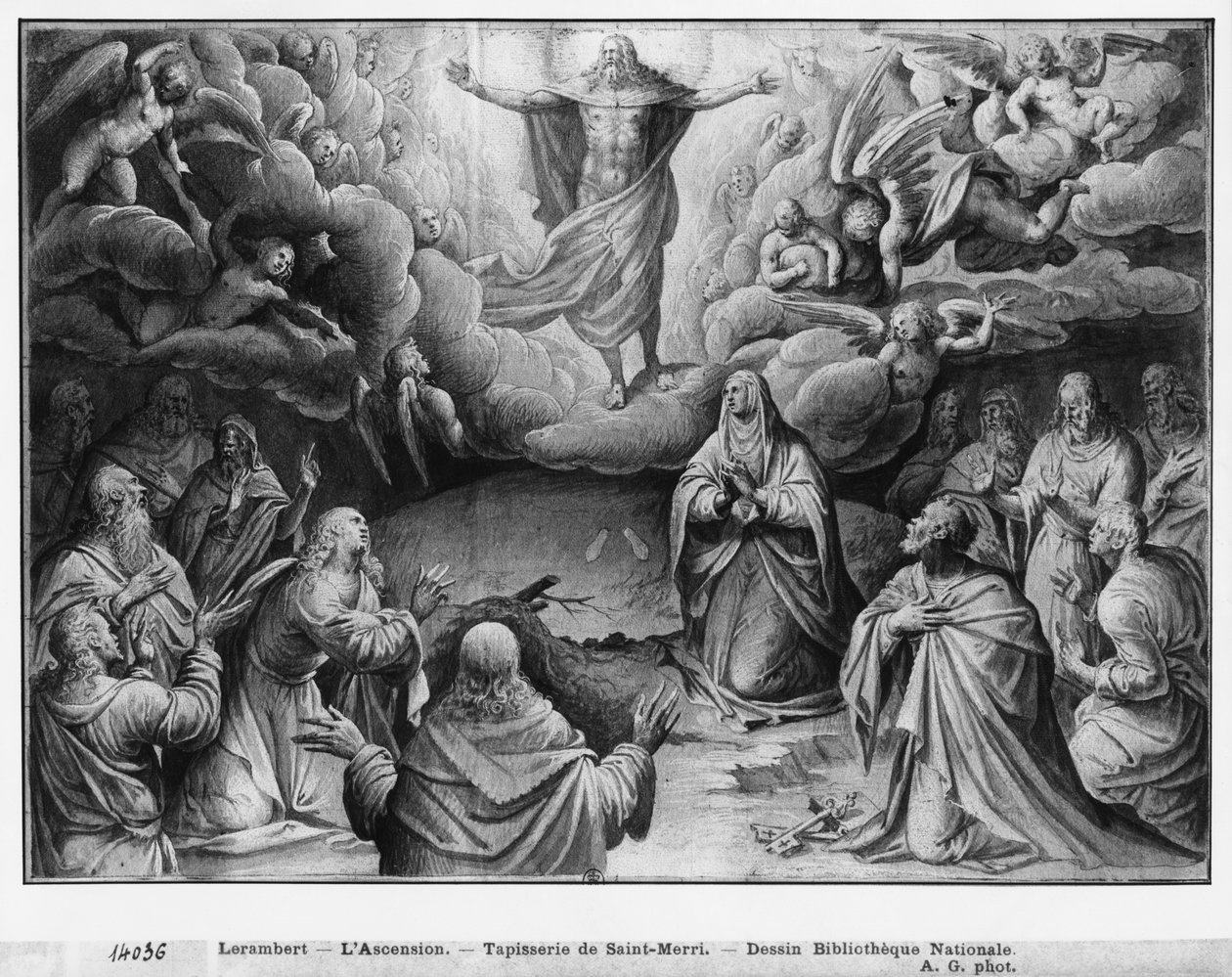Vida de Cristo, Ascensão, estudo preparatório de desenhos animados de tapeçaria para a Igreja Saint-Merri em Paris, c.1585-90 (Pierre Noire und Wash und White destaca no papel) de Henri Lerambert