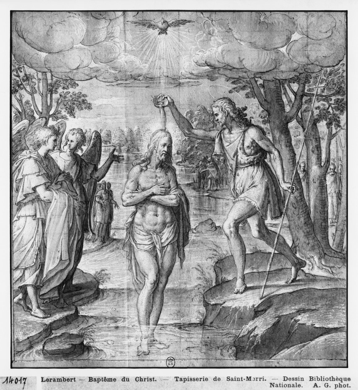 Vida de Cristo, Batismo de Cristo, estudo preparatório de desenhos de tapeçaria para a Igreja Saint-Merri em Paris, c.1585-90 (Pierre Noire und Wash und White destaca no papel) de Henri Lerambert