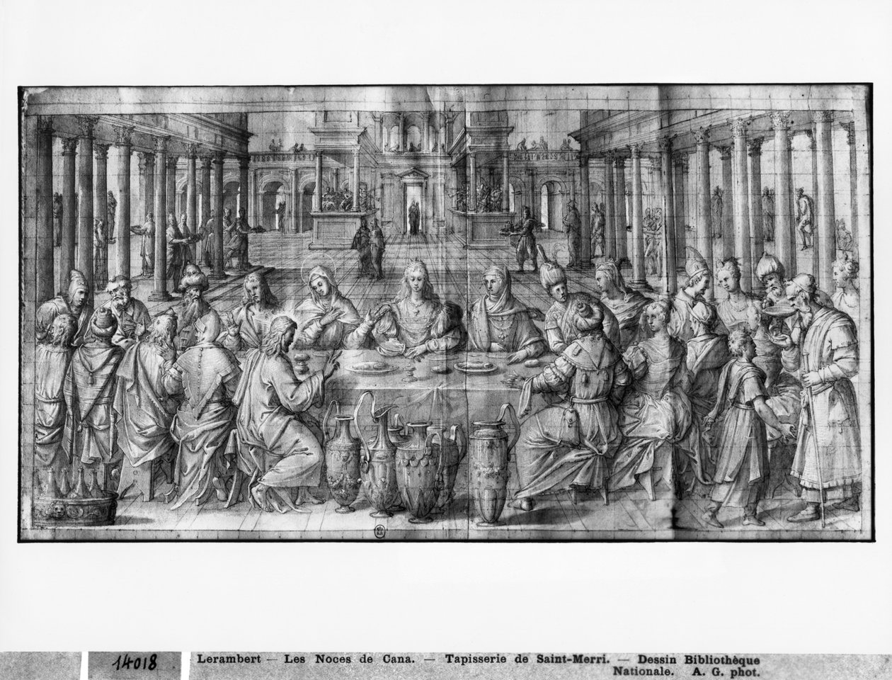 Vida de Cristo, Casamento em Caná, estudo preparatório de desenho animado de tapeçaria para a Igreja Saint-Merri em Paris, c.1585-90 (Pierre Noire und Wash und White destaca no papel) de Henri Lerambert
