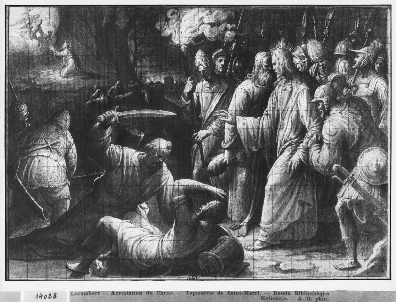 Vida de Cristo, A prisão de Cristo, estudo preparatório de desenhos animados de tapeçaria para a Igreja Saint-Merri em Paris, c.1585-90 (Pierre Noire und Wash und White destaca no papel) de Henri Lerambert