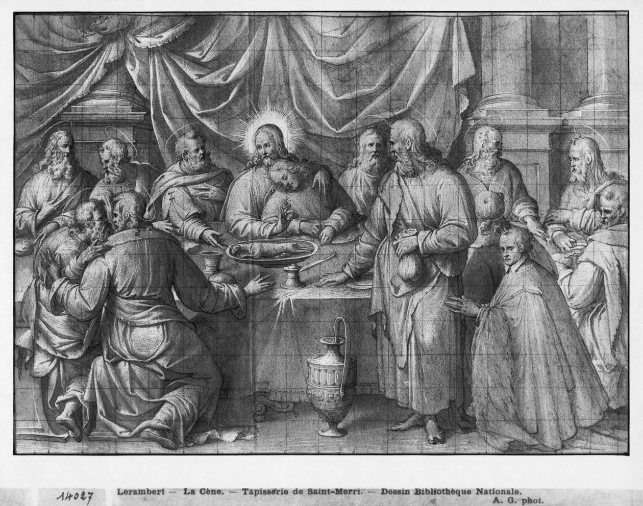 Vida de Cristo, a Última Ceia, estudo preparatório de desenhos animados de tapeçaria para a Igreja Saint-Merri em Paris, c.1585-90 (Pierre Noire und Wash und White destaca no papel) de Henri Lerambert