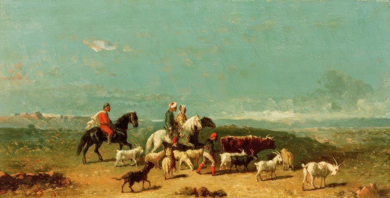 Grupo de cavaleiros árabes com um pastor de cabras em Lan de Henri Lucien Robert