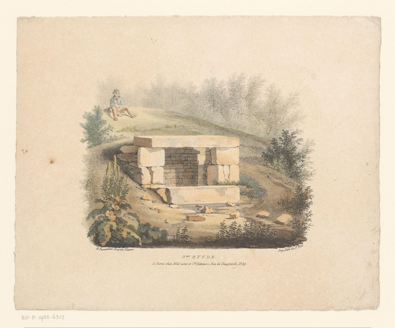 Paisagem com uma pilha de pedras e um homem sentado 3me study (título no objeto) de Henri Marie Parmentier