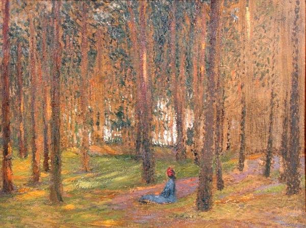 Um Andador Sentado na Floresta, c.1890 (óleo a bordo) de Henri Martin