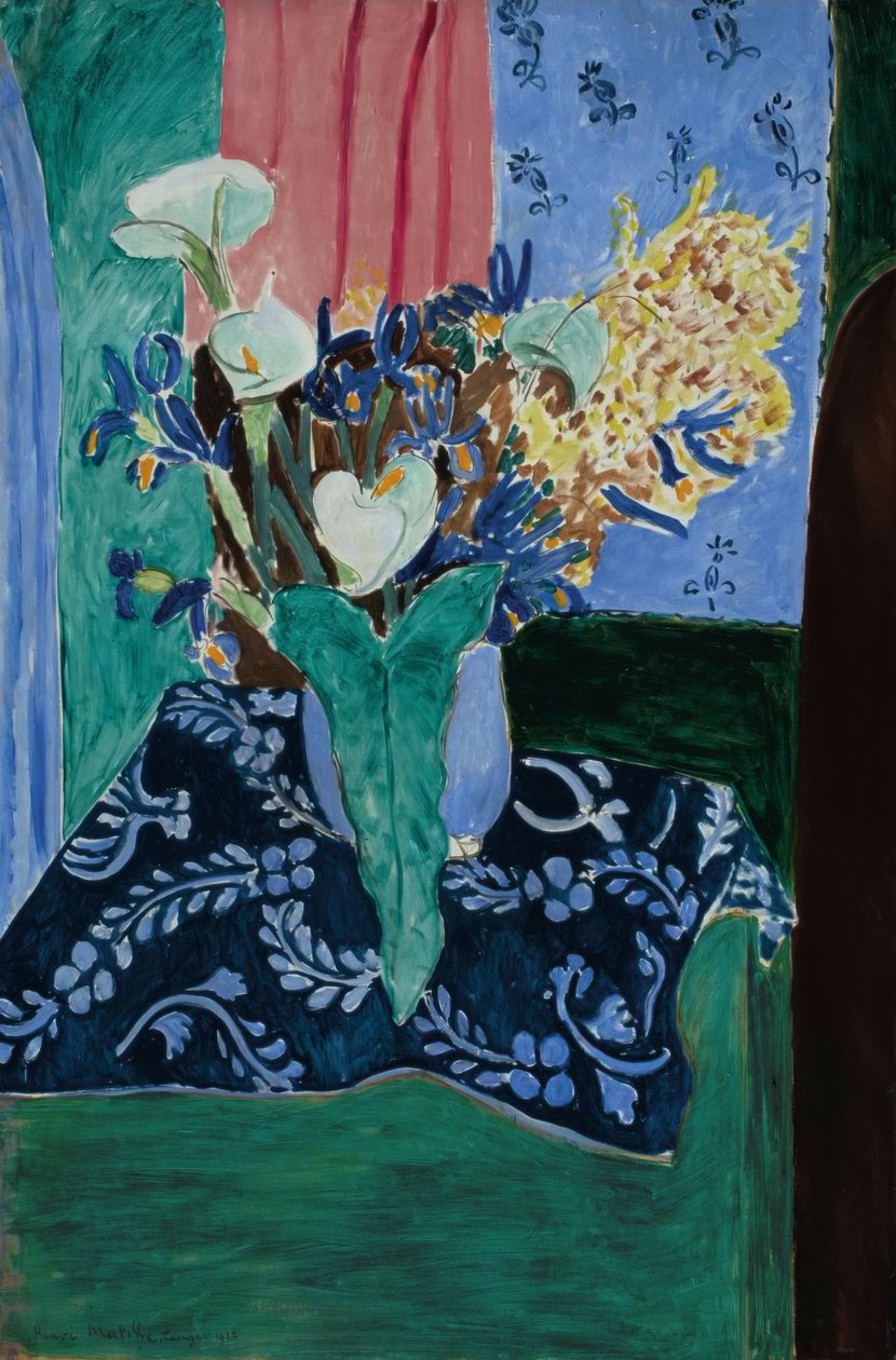 Arums, Iris e Mimosas (Flores num vaso azul sobre uma toalha de mesa azul) de Henri Matisse