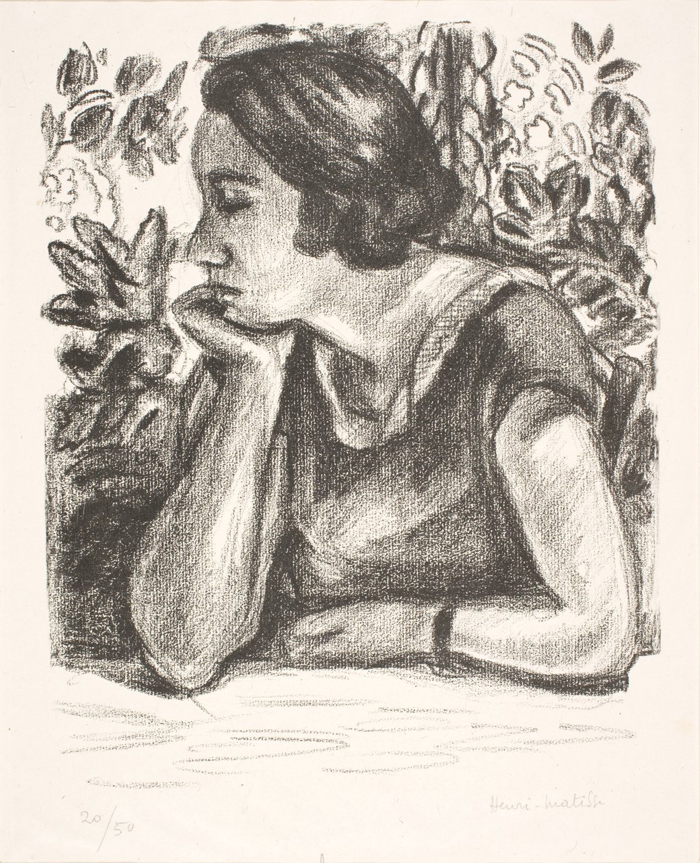 Retrato de meio corpo de uma senhora com o queixo apoiado na mão direita de Henri Matisse