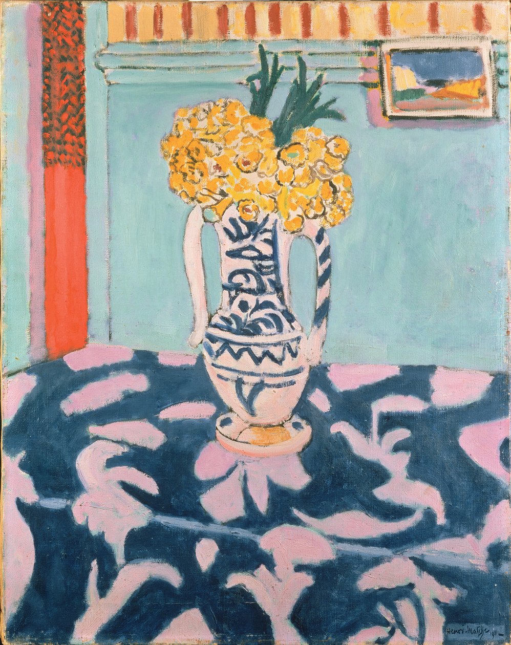 Prímulas em tecido azul e cor-de-rosa de Henri Matisse