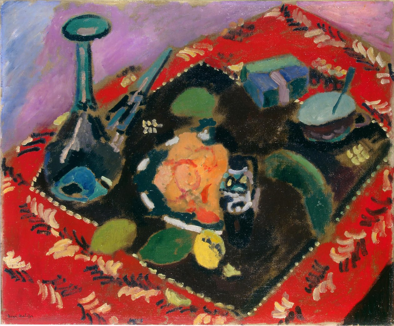 Pratos e frutas sobre um tapete vermelho e preto (Le Tapis Rouge) de Henri Matisse