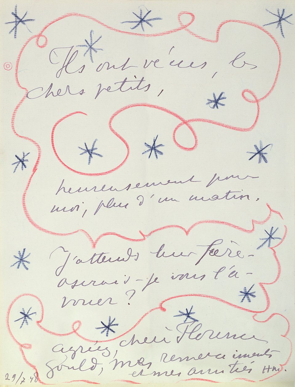 Carta do pintor a Florence Gould (n.1895), 29 de julho de 1948 (caneta e lápis de cor sobre papel) de Henri Matisse