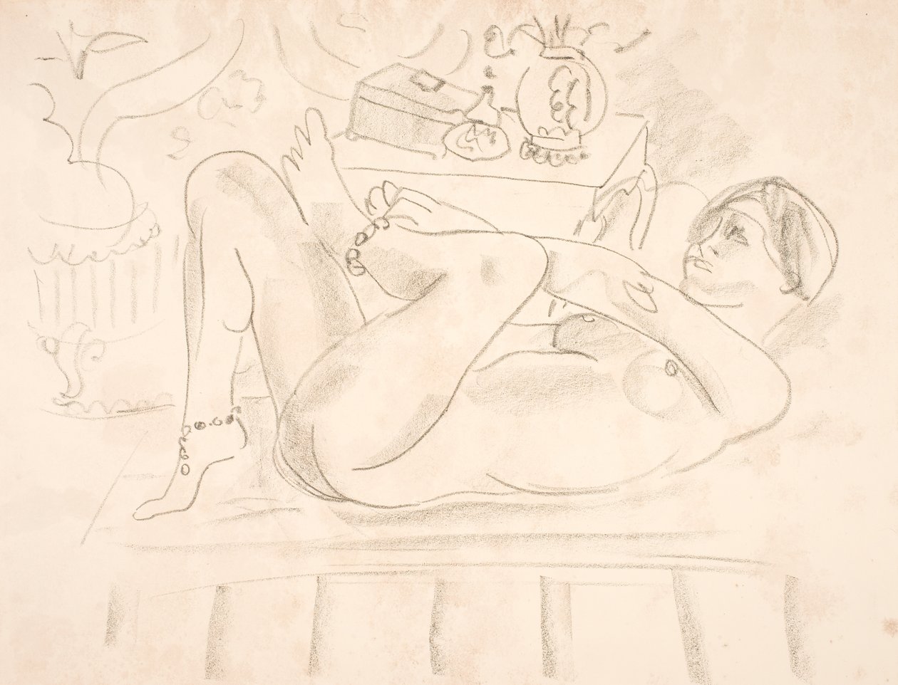 Mulher nua, deitada de costas e com colares de pérolas em volta dos tornozelos (odalisca) de Henri Matisse
