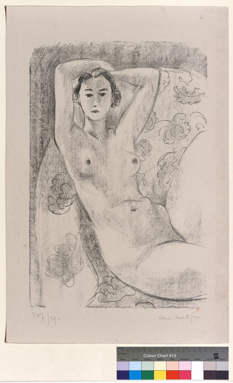 Nu, sentado numa poltrona com motivos florais de Henri Matisse