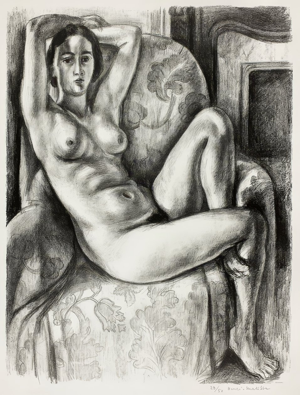 Nu com almofada azul ao lado de uma lareira de Henri Matisse