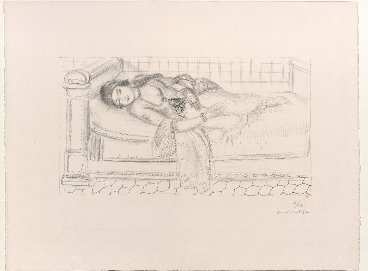 Mulher oriental numa espreguiçadeira, sobre um chão de azulejos vermelhos de Henri Matisse