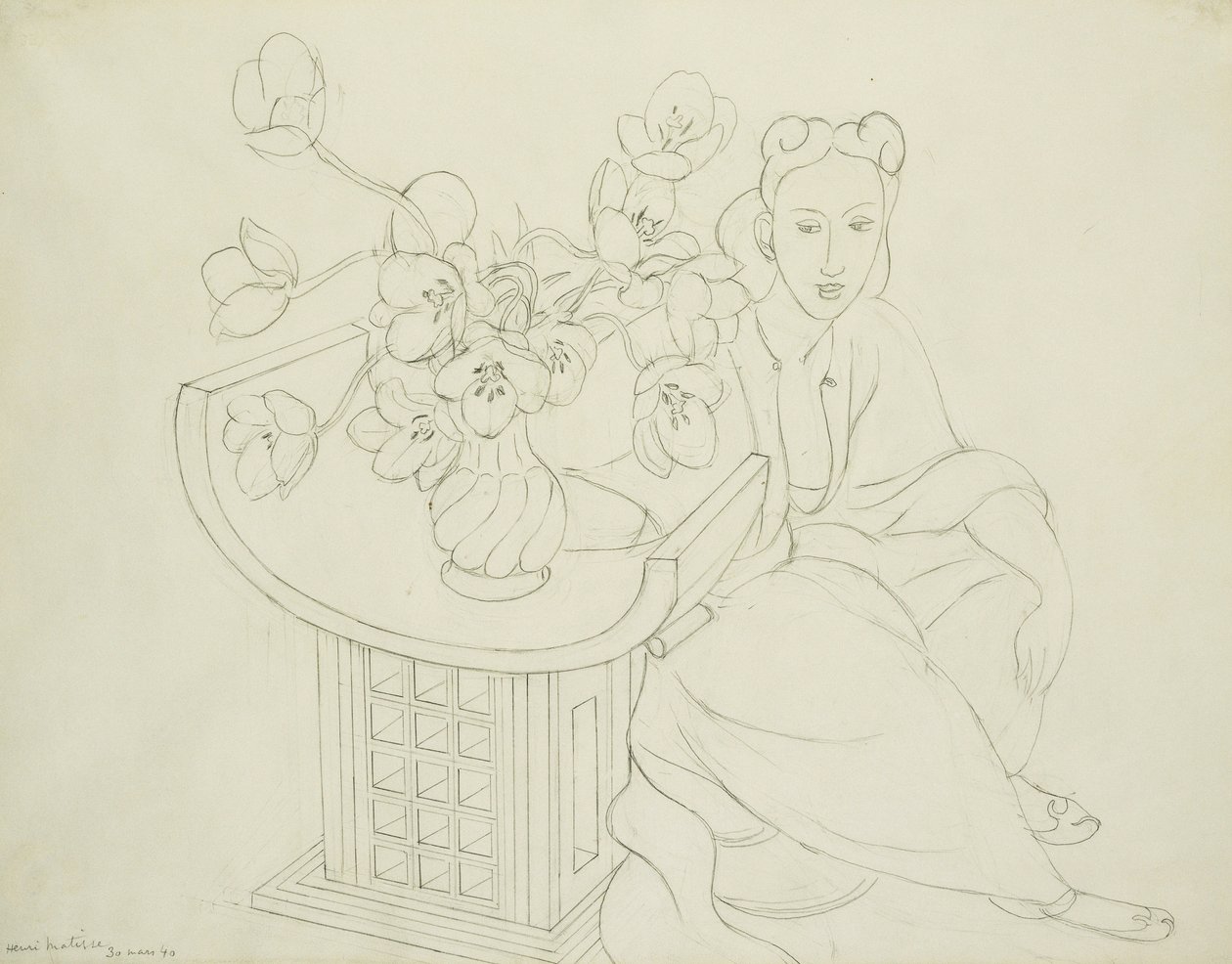 Mulher sentada com vaso de tulipas de Henri Matisse