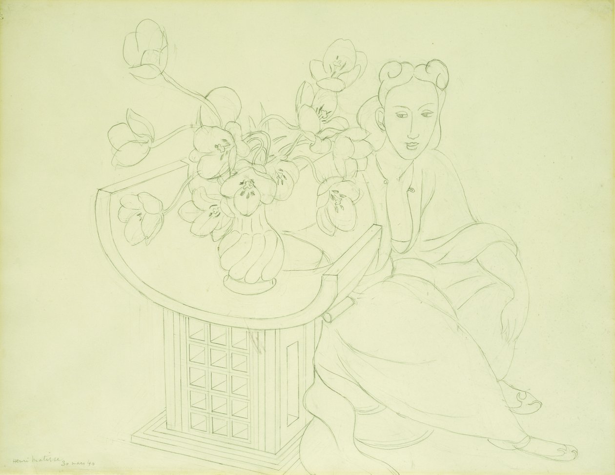 Mulher sentada com um vaso de túlipas de Henri Matisse