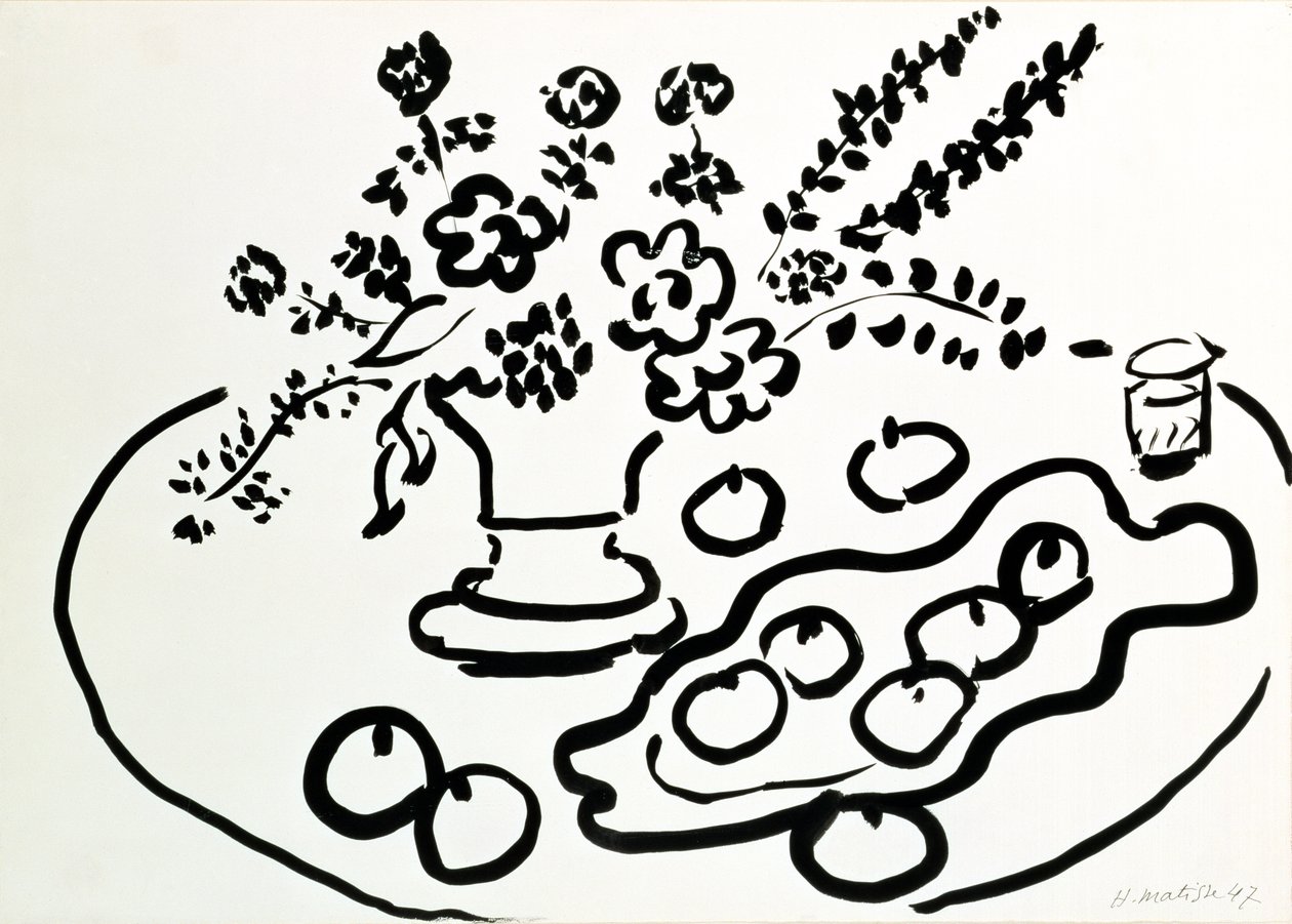 Natureza morta com vaso de flores e prato de fruta de Henri Matisse