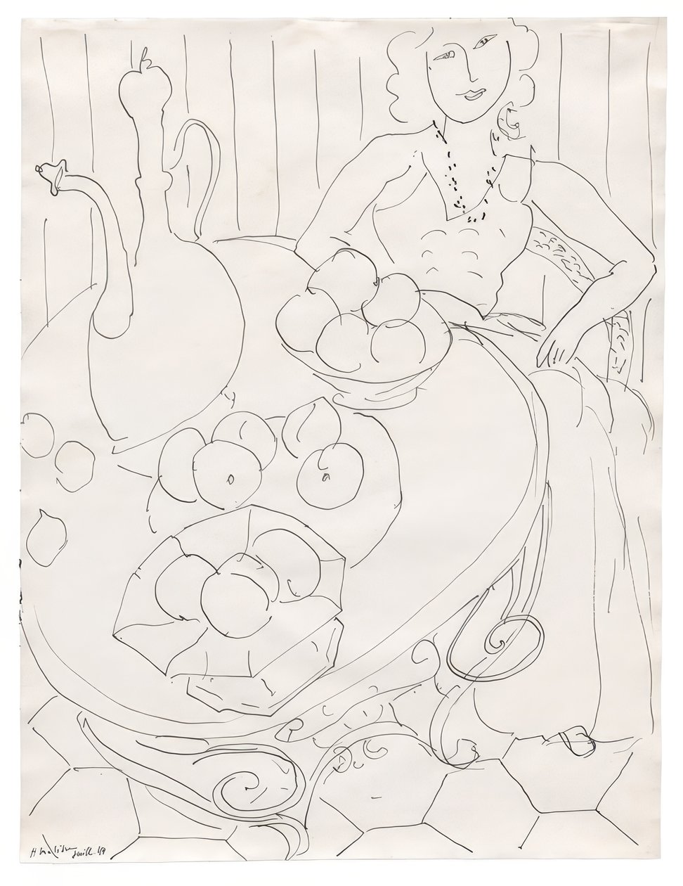 Mulher sentada à mesa com fruta e jarro de Henri Matisse