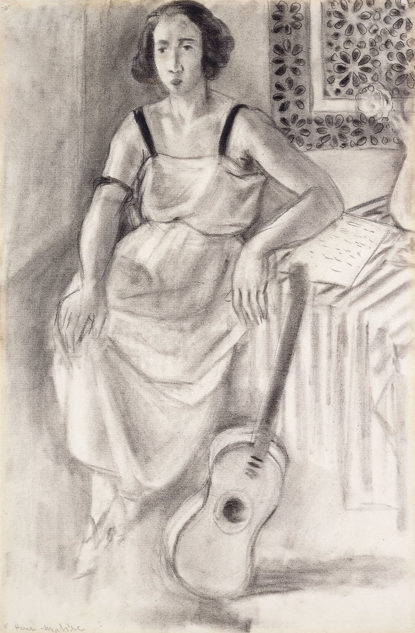 Mulher sentada com uma guitarra, c.1921-23 (carvão sobre papel) de Henri Matisse