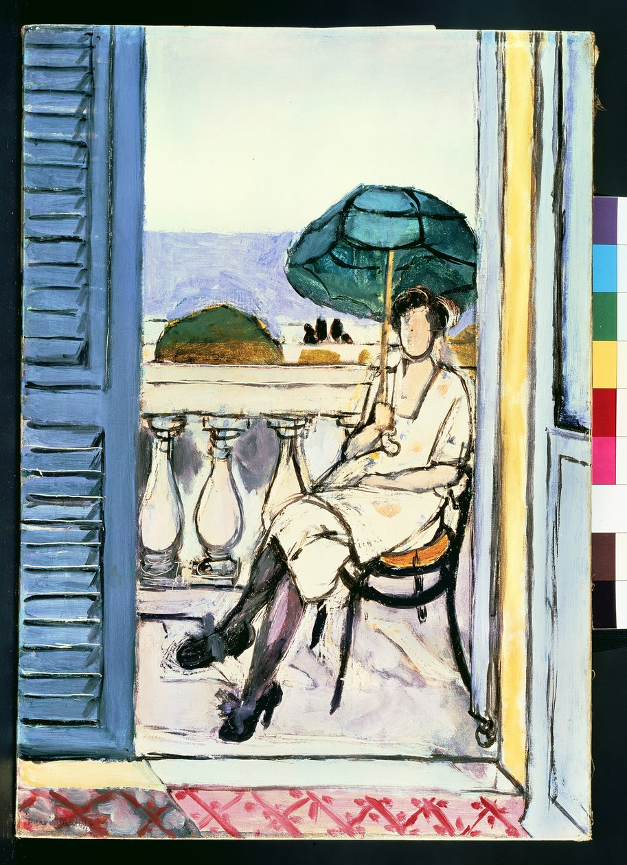 Mulher com um guarda-sol verde numa varanda de Henri Matisse