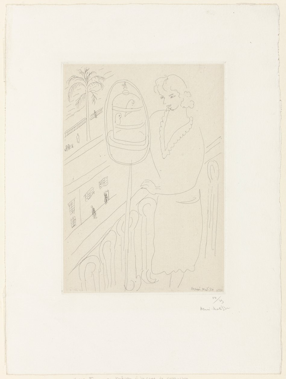 Jovem num balcão a observar periquitos de Henri Matisse