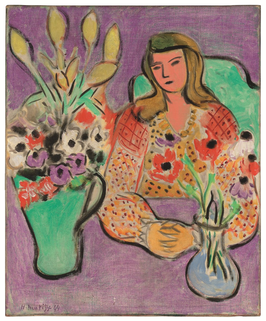 Mulher jovem com anémonas sobre fundo púrpura de Henri Matisse