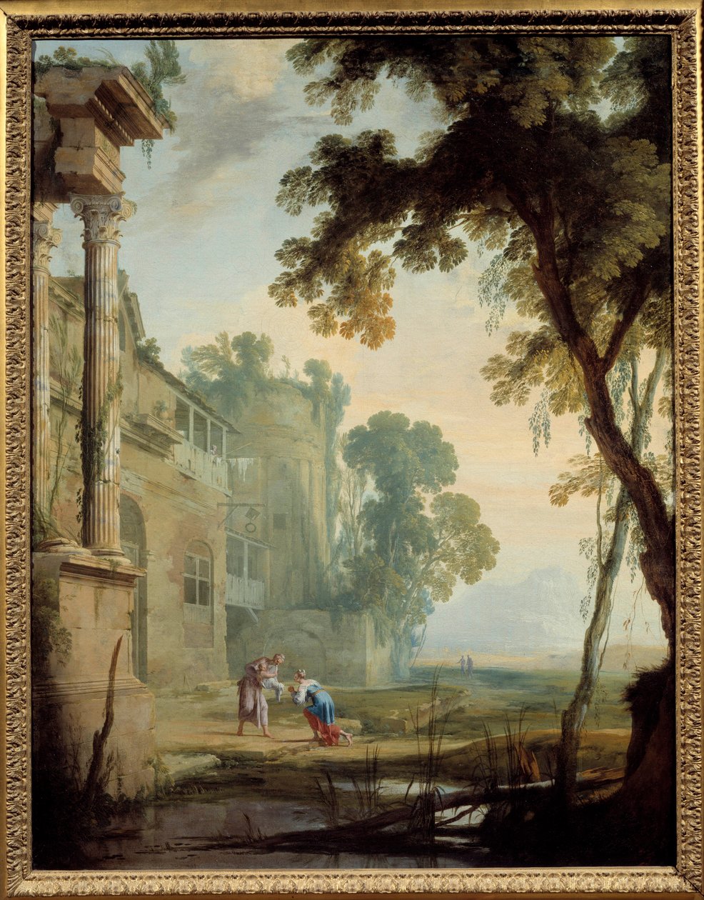 Paisagem consiste: uma mulher, um homem velho e uma criança em uma paisagem de ruínas romanas com lago. Pintura de Henri Mauperche (1602-1688) de Henri Mauperche
