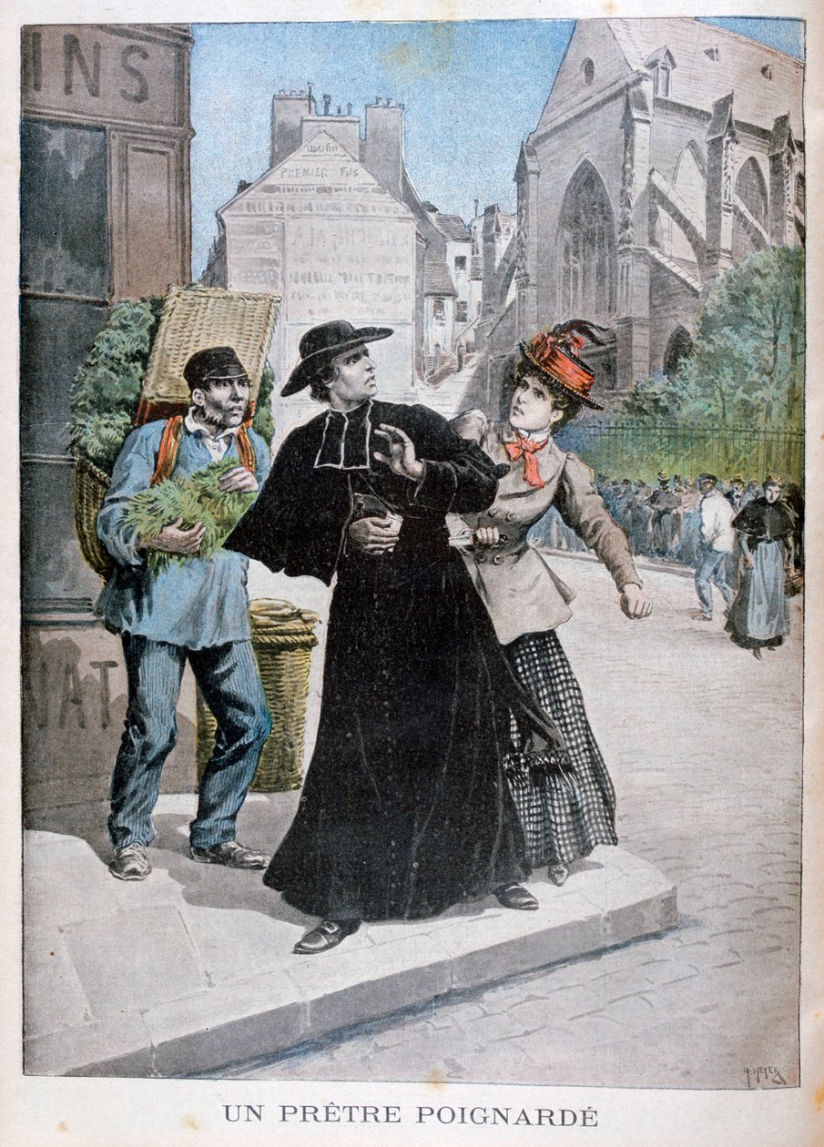 Um padre católico é esfaqueado por uma mulher na rua, França, 1897 de Henri Meyer