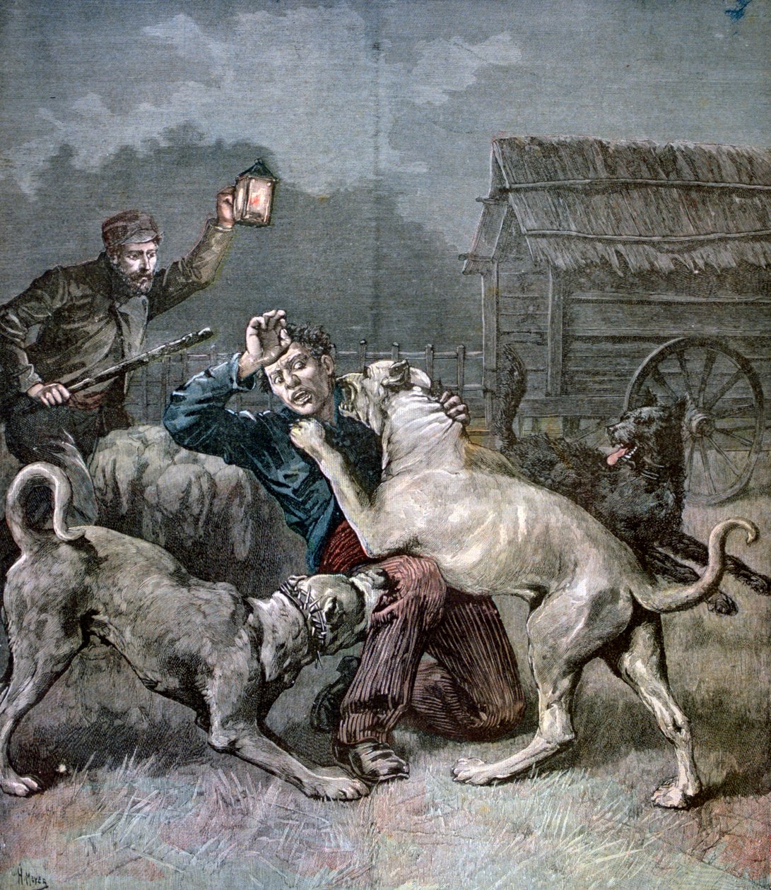 Um criminoso atacado por três cães grandes, 1891 de Henri Meyer