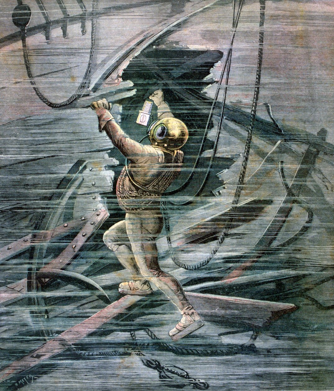 Um mergulhador procurando um naufrágio no porto de La Havre, França, 1892 de Henri Meyer