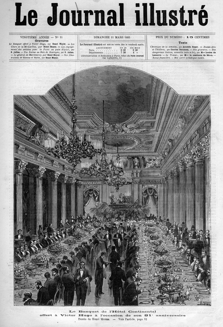 Banquete oferecido a Victor Hugo no Hotel Continental pelo seu 81º aniversário em 1883 - Página de capa do "The Illustrous Journal" de 1883 - Desenho de Henri Meyer (1844-1899) de Henri Meyer