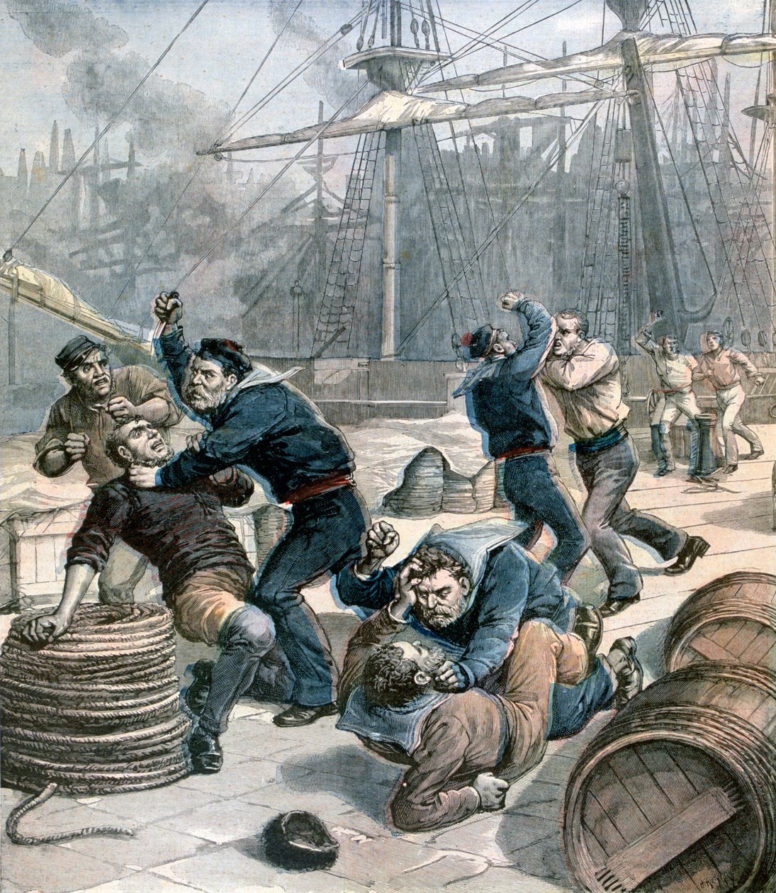 Briga entre marinheiros ingleses e alemães nas docas de Millwall, Londres, 1892 de Henri Meyer
