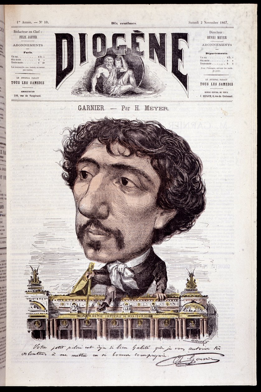 Desenho animado de Charles Garnier, sentado na sua obra, a Ópera Garnier - em "Diógenes" de 11/02/1867 de Henri Meyer