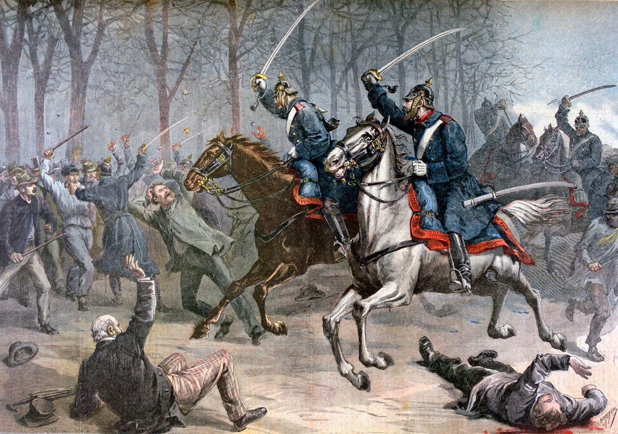 Carga de cavalaria, tumultos alemães em Leipzig, 1892. de Henri Meyer