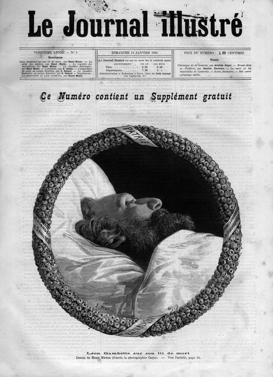 Morte de Leon Gambetta (1838-1882) político francês - Leon Gambetta no seu leito de morte no "The Illustrous Journal" de 1883 - Desenho de Henri Meyer (1844-1899) de Henri Meyer