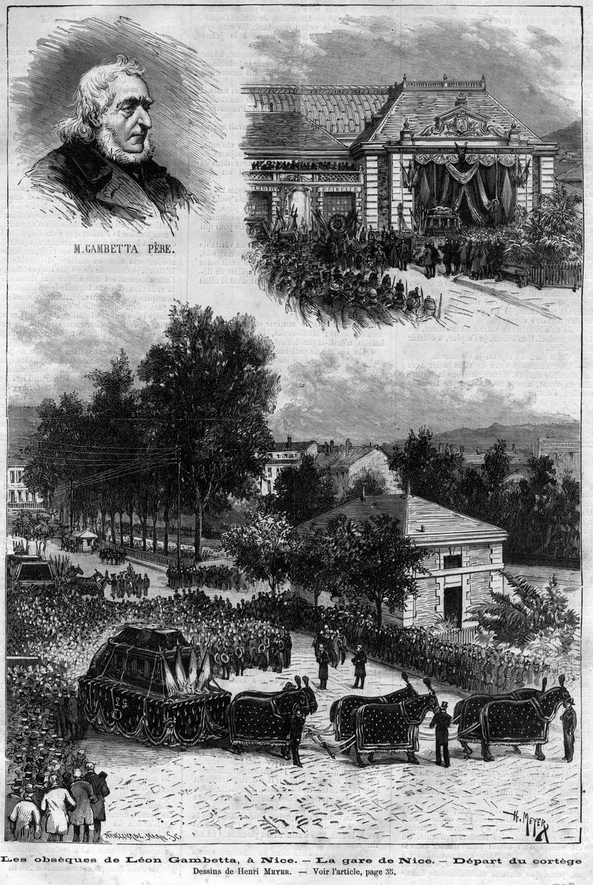 Morte de Leon Gambetta (1838-1882) Político francês - Les obseques de Leon Gambetta à Nice - la gare de Nice - depart du cortege - em "Le journal illustrious" de 1883 - Desenho de Henri Meyer (1844-1899) de Henri Meyer