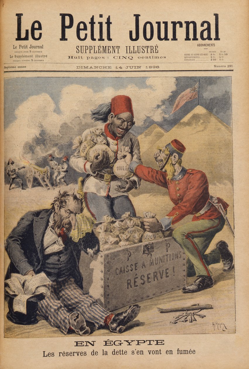 Egito: As Reservas da Dívida Subindo na Fumaça, ilustração do Le Petit Journal, 14 de junho de 1896 de Henri Meyer