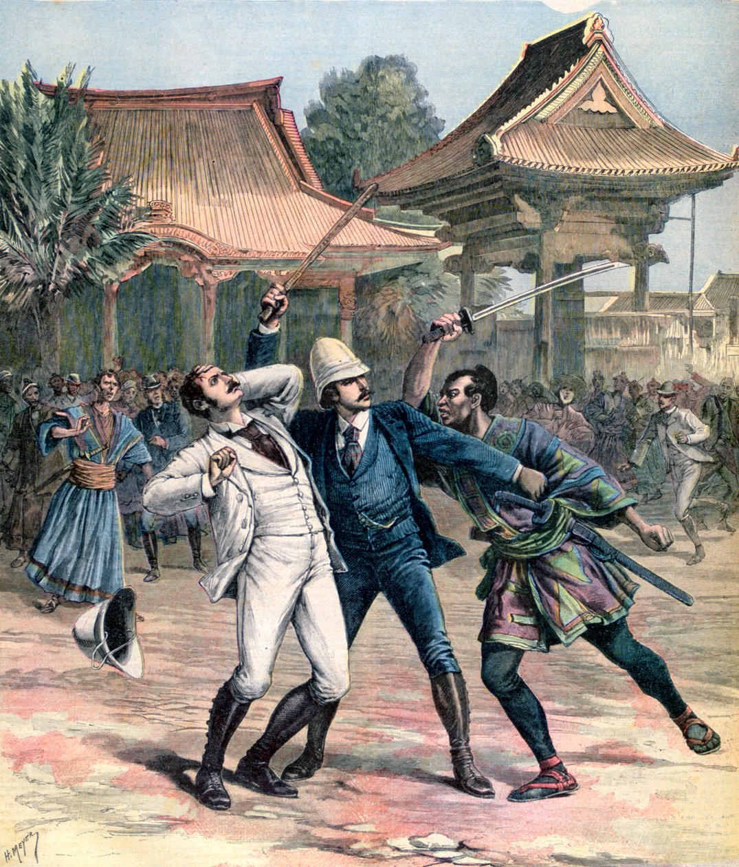 Fracassado assassinato de Tsarevich Nicholas da Rússia, Otsu, Japão, 1891 de Henri Meyer