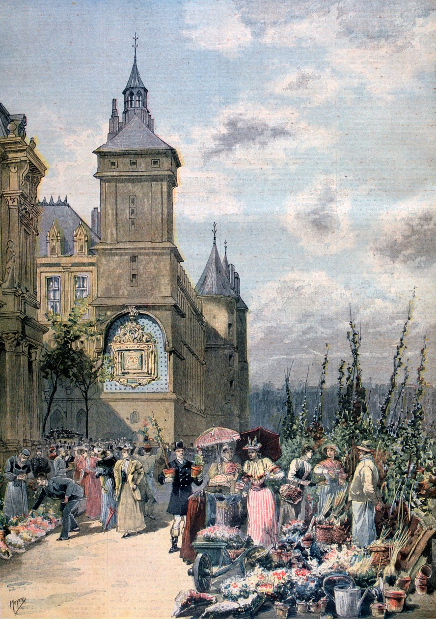 Mercado de flores na primavera, Paris, 1893 de Henri Meyer