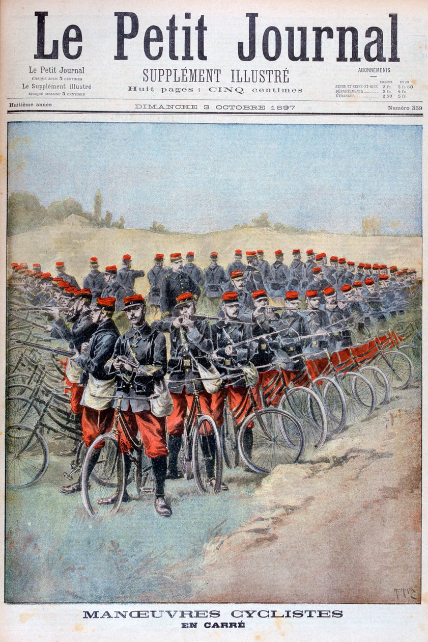Corpo de bicicleta do exército francês em uma praça em manobras, França, 1897 de Henri Meyer