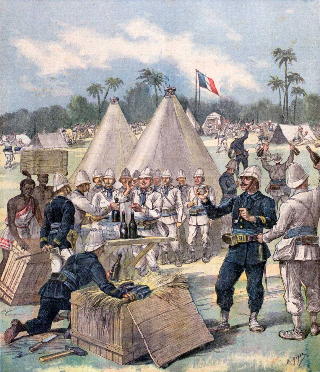 Soldados franceses abrindo caixas de presente de Ano Novo em Dahomey, África, 1892 de Henri Meyer