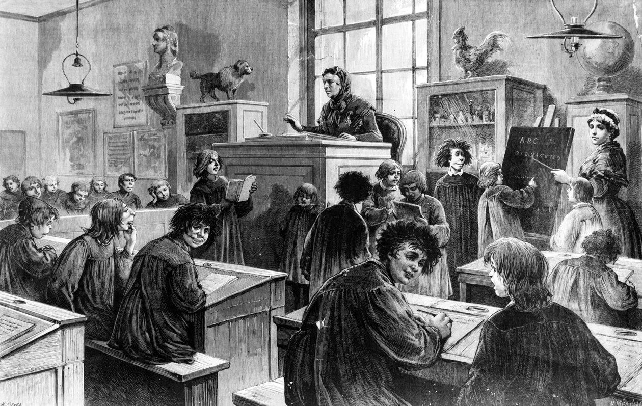 Mademoiselle Nicolle ensinando sua classe de &39;Crianças Idiotas&39; no Hospital La Salpetrière, Paris de Henri Meyer