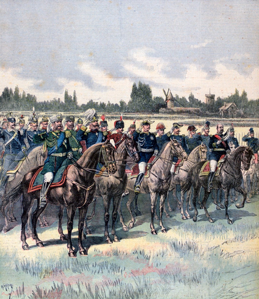 Revisão militar com o general Saussier e adidos militares estrangeiros, 14 de julho de 1891. de Henri Meyer
